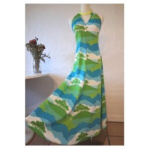 Vintage 70s Green and Blue Safari Halter Maxi Dress Maximalist Statement Summer